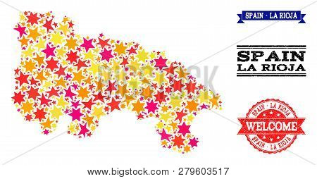 Mosaic Map Of Spain - La Rioja Created With Colored Flat Stars, And Grunge Textured Stamps, Isolated