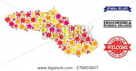 Mosaic Map Of Sumba Island Created With Colored Flat Stars, And Grunge Textured Stamps, Isolated On 