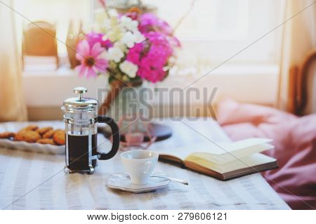 Summer Breakfast In Cozy Country House. Table With Bouquet Of Flowers From Own Garden, French Press 