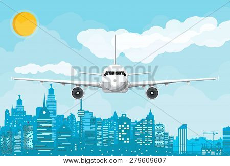 Airplane And City Skyline Silhouette At Day. Skyscappers, Towers, Office And Residental Buildings. C