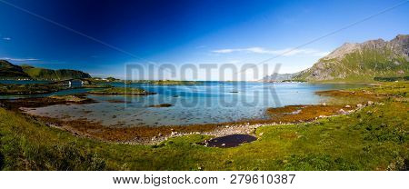 Landscape Panoramic View To Fredvang Bridge, Torvoya And Buoya Islands And Hovdanvika Bay At Lofoten