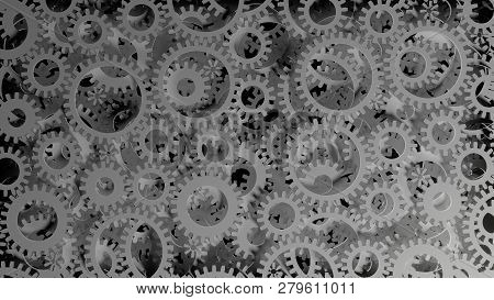 Abstract Background Consisting Of White Gears On Dark. 3d Illustration. Infustrial Design Background