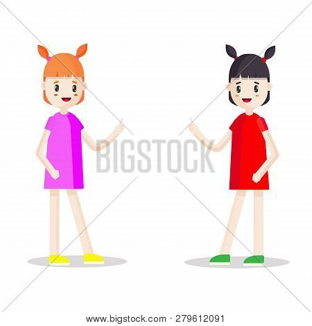 Vector Illustration Of Cheerful, Cute Teen Girls On White Background
