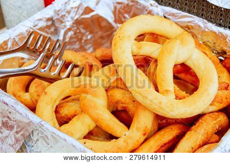Closeup shot of fresh baked pretzels on the tray