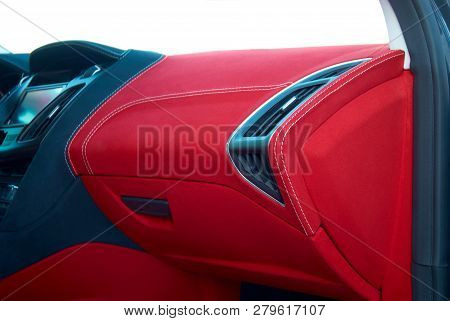 Car Deflector. Car Interior Details. Red And Black Alcantara With Stitching