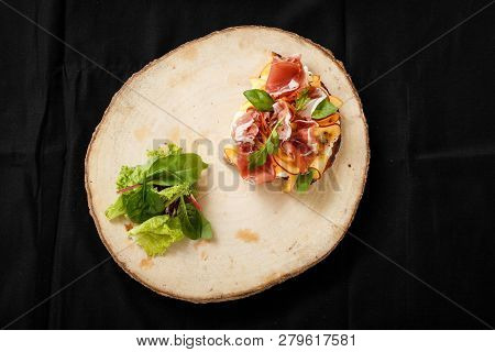 Sandwich With Jamon And Lettuce On A Wooden Tray. Top View Of Grilled Jamon Sandwich For A Quick Sna