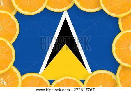 Saint Lucia Flag  In Fresh Citrus Fruit Slices Frame