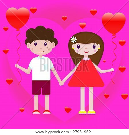 Vector Drawing Of A Boy And Girl With Heart-shaped Balloons On A Romantic Pink-purple Background