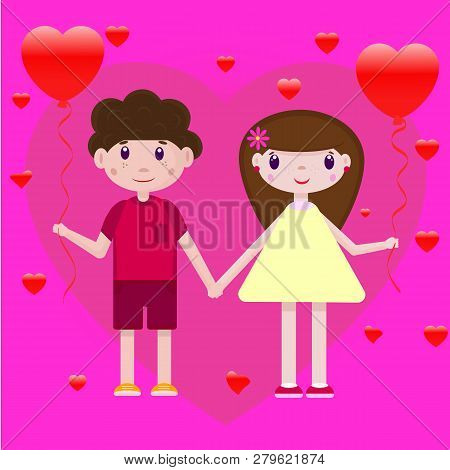 Vector Drawing Of A Boy And Girl With Heart-shaped Balloons On A Romantic Pink-purple Background