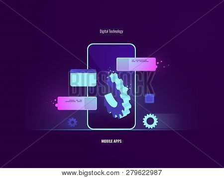Awesome Mobile Software Application Development Concept, Mobile Phone With Big Gear Stick Out Of The