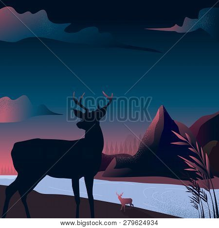 Vector Illustration - Mountain Landscape Silhouette With Reinder In A Forest Nature. Art. River. Bac