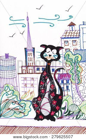 Cat At Window Sell, Secorative Picture With Patterns