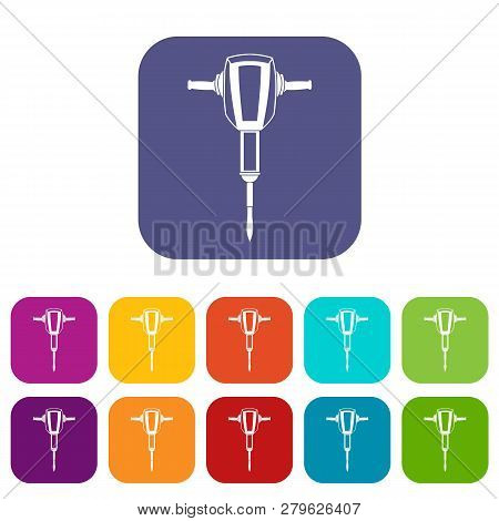 Pneumatic Plugger Hammer Icons Set Illustration In Flat Style In Colors Red, Blue, Green And Other