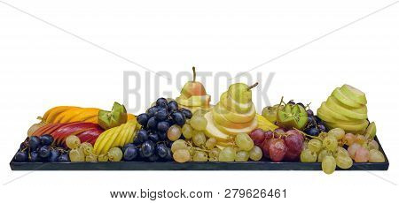 Sliced Mixed Fruit On The White Plate, White Background Isolated