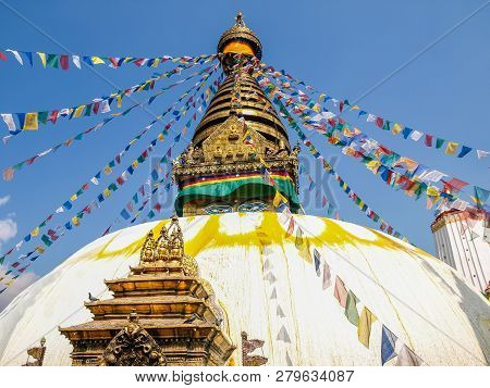 Upper Part Of Stupa In Temple Complex Swayambhunath Also Known As Monkey Temple Atop A Hill In The K