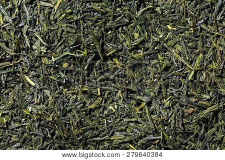 Sencha Green Tea Leaves Full Frame, View Directly From Above