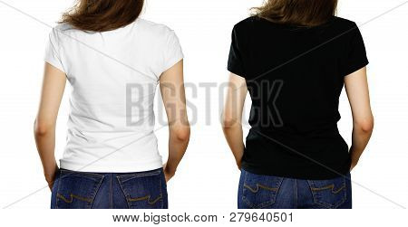 A Girl In An Empty White And Black T-shirt. Back View. Close Up. Isolated On White Background.
