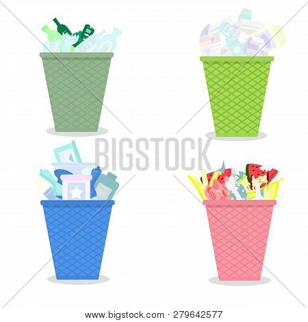 Vector Drawing Of Garbage Baskets With Junk Waste White Background