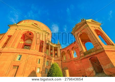 Bottom View Of Sanctuary Of Madonna Di San Luca Basilica Church In A Sunny Day With Blue Sky. Cathed