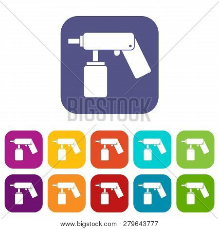 Spray Aerosol Can Bottle With A Nozzle Icons Set Illustration In Flat Style In Colors Red, Blue, Gre