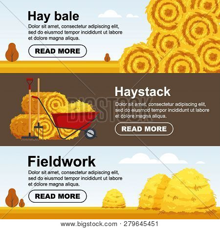 Horizontal Banner Haystack, Wheelbarrow With Bale Of Hay. Flat Dried Haystack Flyer, Farming Haymow 