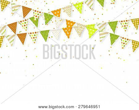 3d Banting Flags With Confetti For Indian Holidays. Decorative Element In Traditional Tricolor Of In