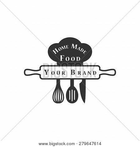 Restaurant Business Logo Black Vector Design. Home Kitchen Trademark Stamp Of Rolling Pin, Chef Cap,