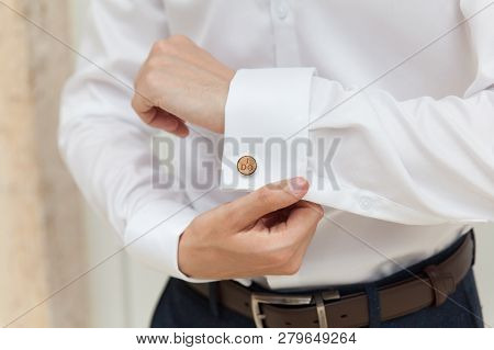 Groom Prepares For Wedding, Shirt And Cufflink