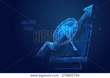 Analytics. Arrow Up And Magnifying Sings On Computer Monitor Screen. Digital Vector Low Poly Wirefra