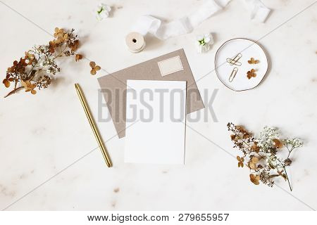 Feminine Winter Wedding, Birthday Stationery Mock-ups Scene. Blank Greeting Card, Kraft Envelope, Go