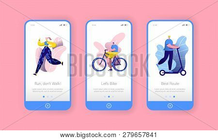 City Park Sport Lifestyle Mobile App Onboard Screen Set. Man Ride Bicycle, Woman Run. Outdoor Fitnes
