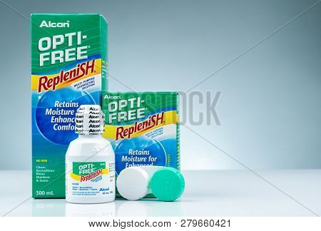 Chonburi, Thailand-october 14, 2018 : Opti-free Replenish On Gray Background. Multi-purpose Disinfec