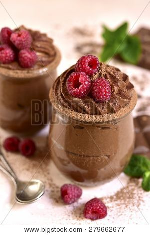 Homemade Chocolate Mousse With Fresh Raspberry.