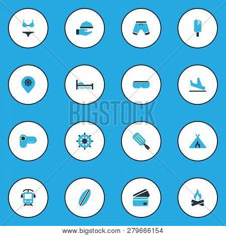 Trip Icons Colored Set With Popsicle, Tent With Fire, Ice Cream And Other 3d Glasses Elements. Isola