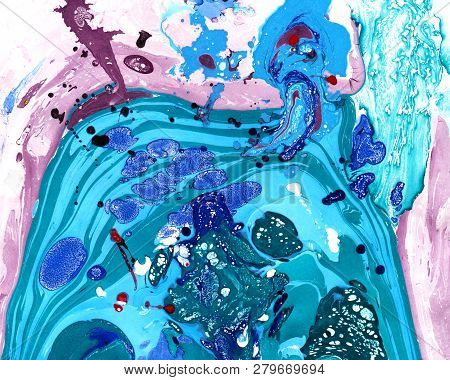 Abstract Marbling, Ebru Style Background With Waves And Splashes Of Blue, Green And Violet Colors. C