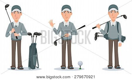 Golf Player, Handsome Golfer. Cartoon Character Holding Golf, Set Of Three Poses. Vector Illustratio