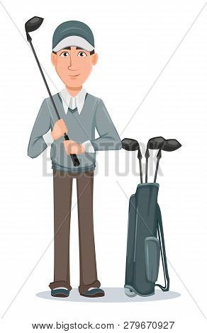 Golf Player, Handsome Golfer. Cartoon Character Holding Golf Club. Vector Illustration On White Back