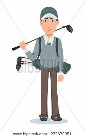 Golf Player, Handsome Golfer. Cartoon Character Holding Golf Club And Bag With Clubs. Vector Illustr