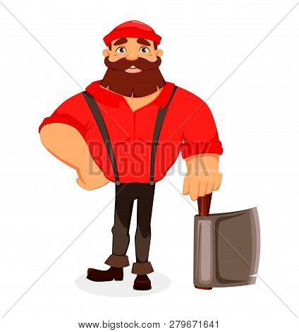 Lumberjack. Handsome Logger Holding Axe. Cartoon Character. Vector Illustration On White Background.