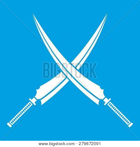 Samurai Swords Icon White Isolated On Blue Background Illustration