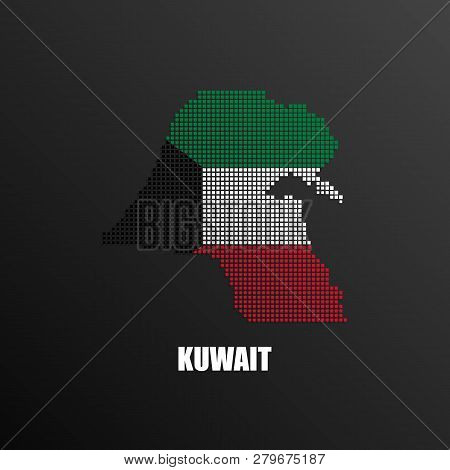Vector Illustration Of Abstract Halftone Map Of Kuwait Made Of Square Pixels With Kuwaiti National F