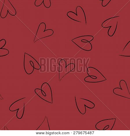 Doodle Red Lovely Valentines Day Background Seamless Pattern With Cute Hearts. Vector Illustration.