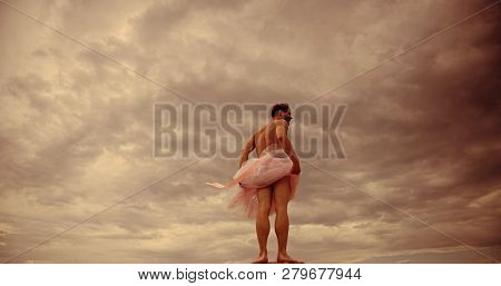 Funny Man Freak. Man In Ballerina Skirt Outdoor. Crazy Ballerina. Drag Queen. Inspiration And Dreami