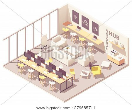 Vector Isometric Modern Coworking Open Space Interior Plan With Workplaces, Desks, Computers, Printe