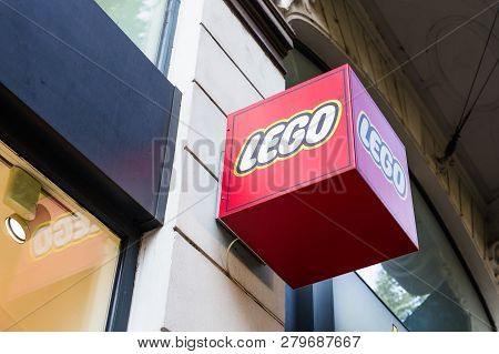 Prague, Czech Republic - May 31, 2017: Lego Logo On A Building. Lego Is A Line Of Plastic Constructi