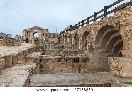 Jerash, Jordan, December 08, 2018 : Fragments Of The Hippodrome In The Ruins Of The Great Roman City
