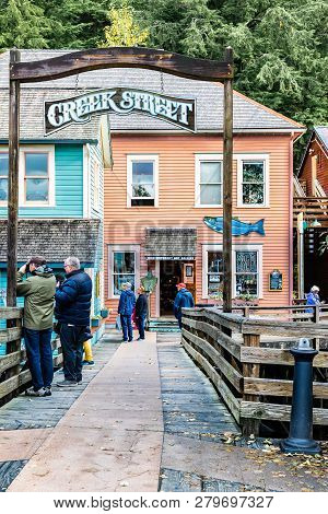 Ketchikan, Alaska - September 13 2017: Entrance To Creek Street, Popular Shopping Location For Touri