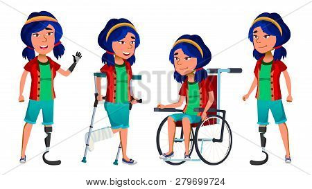 Asian Girl Kid Poses Set Vector. High School Child. Disabled. Wheelchair. Amputation Prosthesis. For