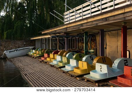 Pedal Boats For Hire On The Edge Of A Lake
