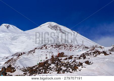 Lifts To The Mountain. Ski Trail For Skiing. Elbrus. Mountain Ranges In The Northern Caucasus In Rus